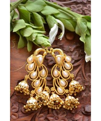 Designer Floral Peacock Meenakari Kundan Studed Onyx Stone Jhunka Earrings 4