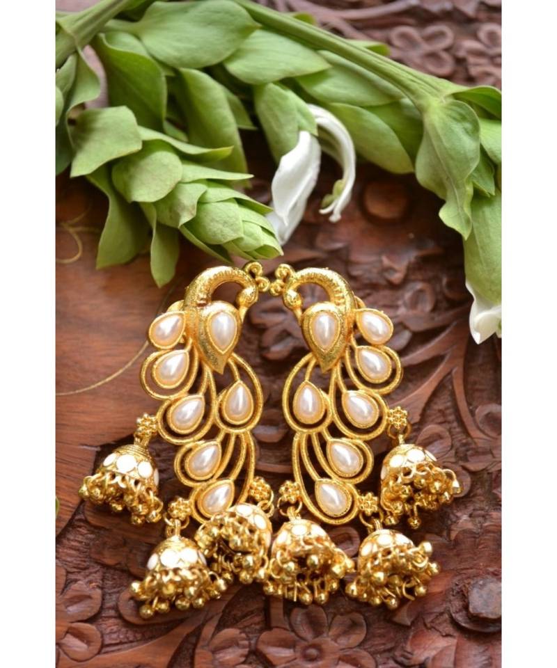 Designer Floral Peacock Meenakari Kundan Studed Onyx Stone Jhunka Earrings