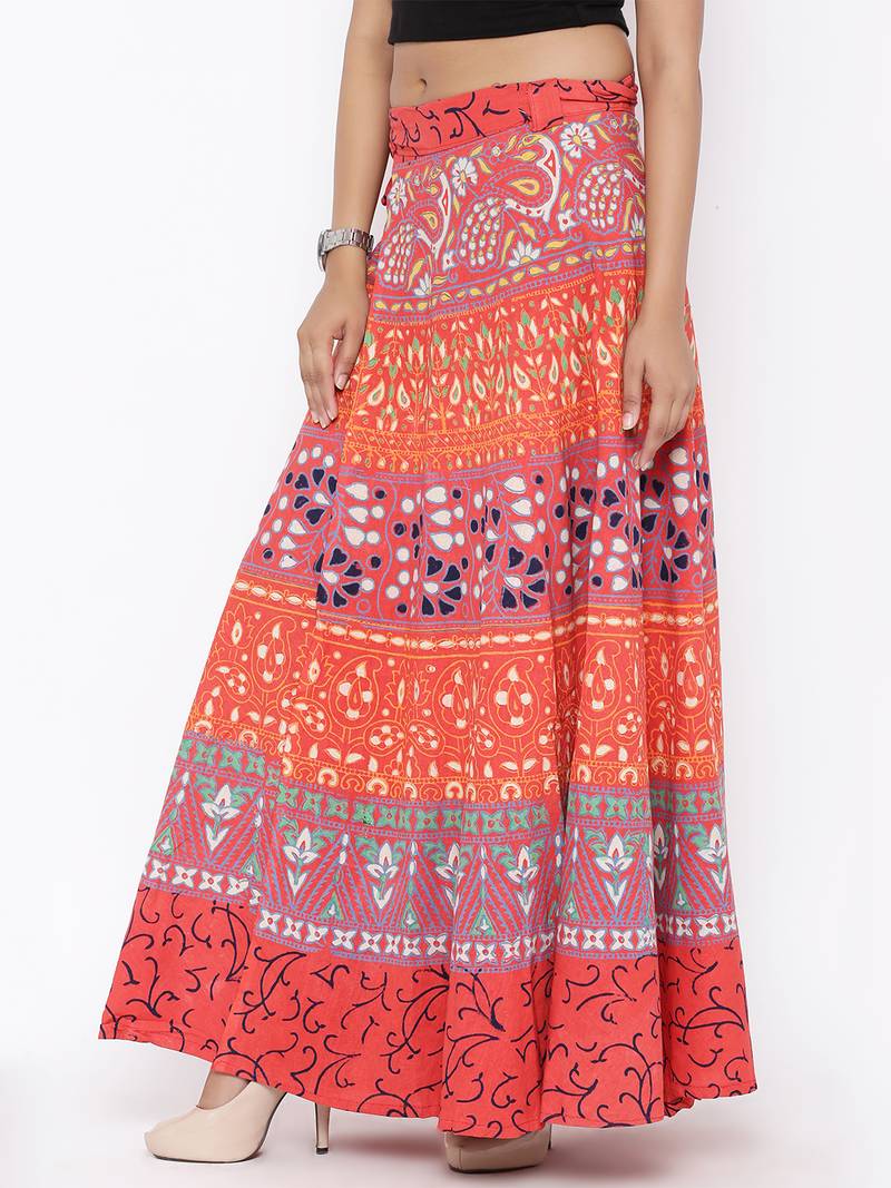 Orange Cotton Printed Wrap Around Skirt