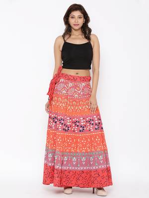 Orange Cotton Printed Wrap Around Skirt 4