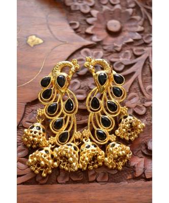 Designer Floral Peacock Meenakari Kundan Studed Onyx Stone Jhunka Earrings 1