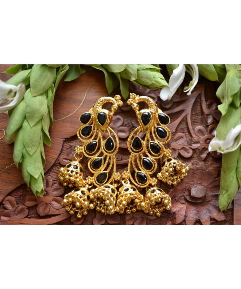 Designer Floral Peacock Meenakari Kundan Studed Onyx Stone Jhunka Earrings