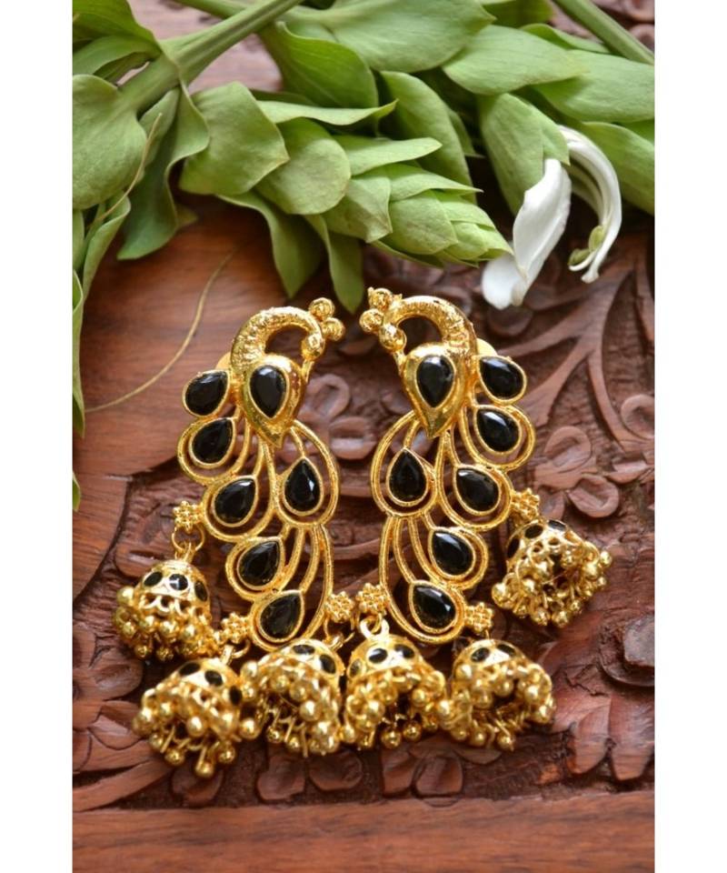 Designer Floral Peacock Meenakari Kundan Studed Onyx Stone Jhunka Earrings