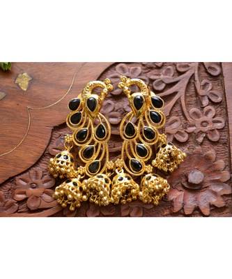 Designer Floral Peacock Meenakari Kundan Studed Onyx Stone Jhunka Earrings 4