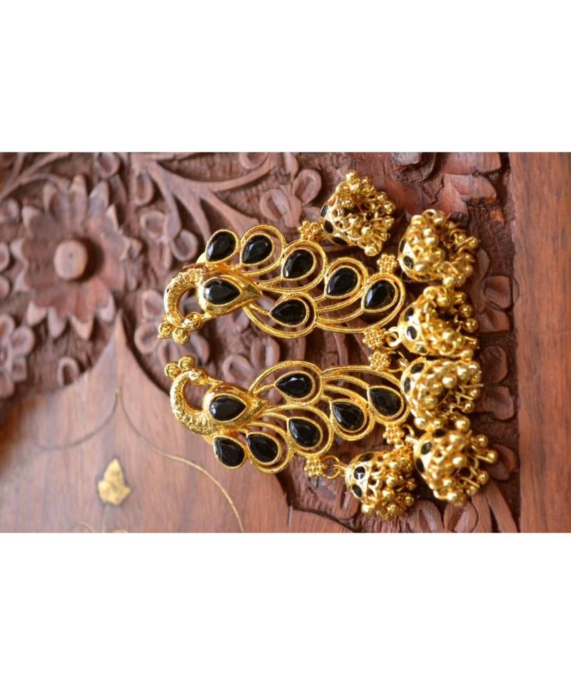 Designer Floral Peacock Meenakari Kundan Studed Onyx Stone Jhunka Earrings