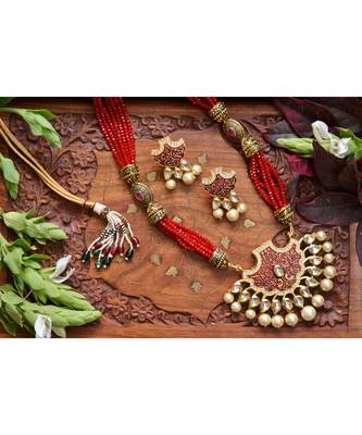 Designer Floral Peacock Meenakari Kundan Studed Onyx Stone Multilayer Necklace Set with Earrings 1
