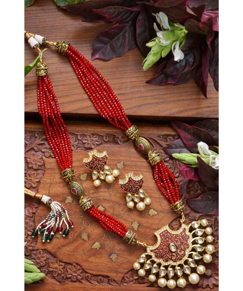 Designer Floral Peacock Meenakari Kundan Studed Onyx Stone Multilayer Necklace Set with Earrings