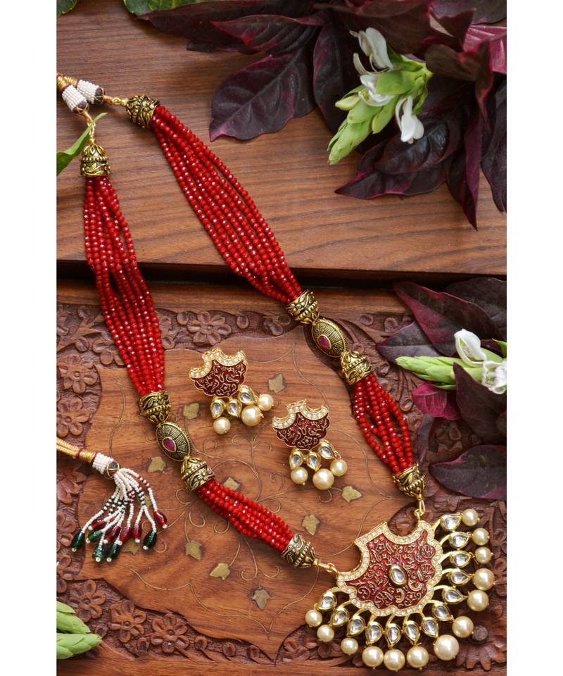 Designer Floral Peacock Meenakari Kundan Studed Onyx Stone Multilayer Necklace Set with Earrings