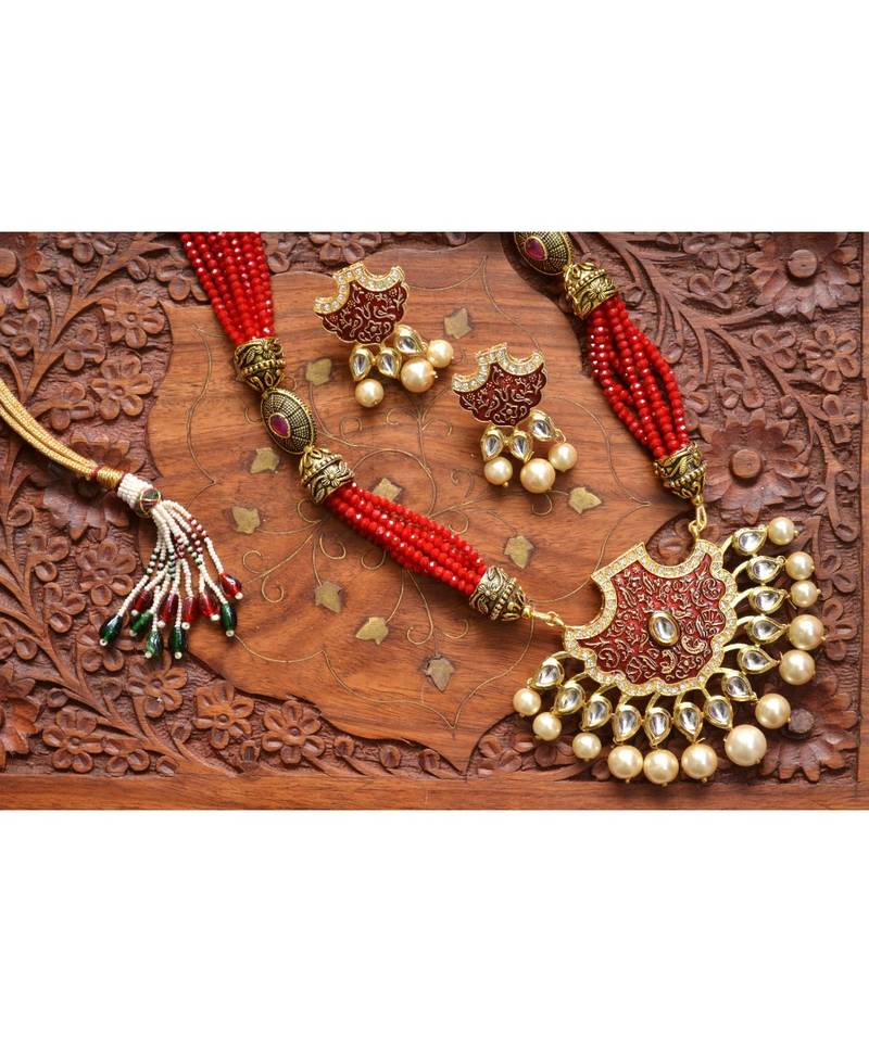 Designer Floral Peacock Meenakari Kundan Studed Onyx Stone Multilayer Necklace Set with Earrings