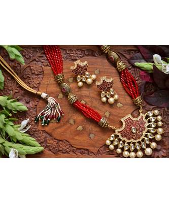 Designer Floral Peacock Meenakari Kundan Studed Onyx Stone Multilayer Necklace Set with Earrings 5