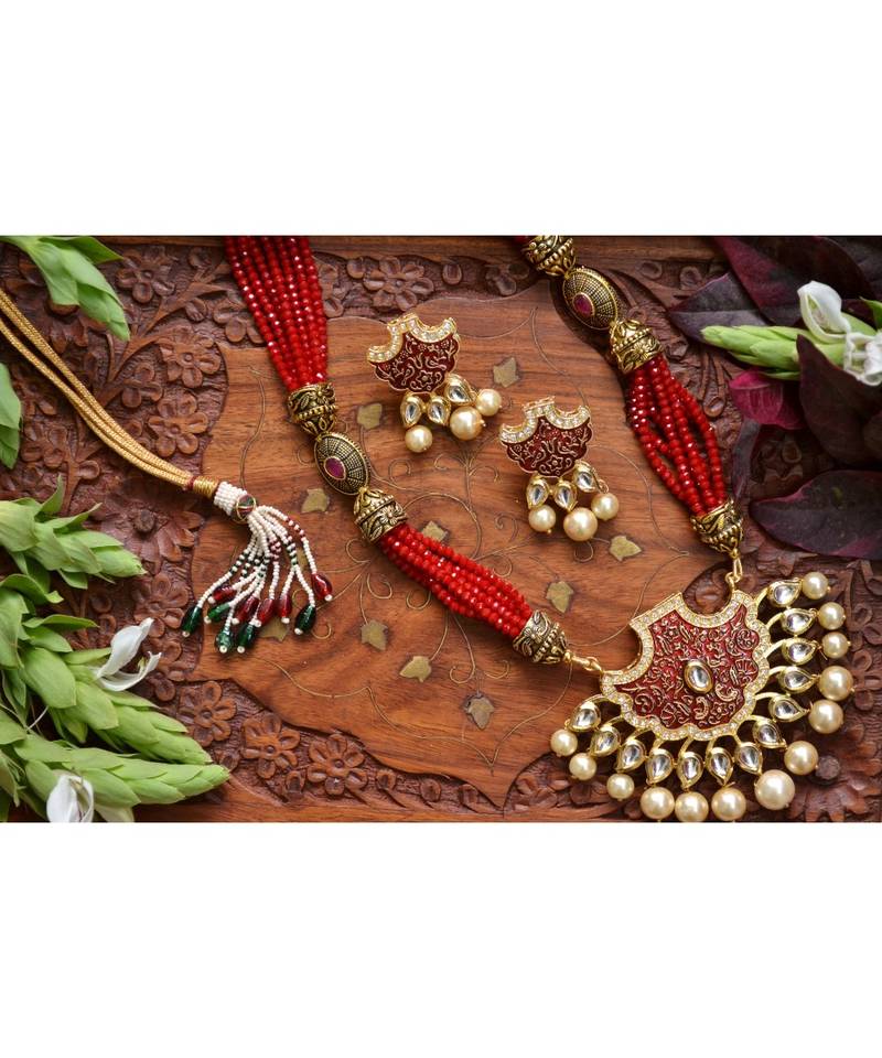 Designer Floral Peacock Meenakari Kundan Studed Onyx Stone Multilayer Necklace Set with Earrings