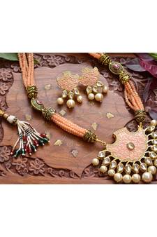Designer Floral Peacock Meenakari Kundan Studed Onyx Stone Multilayer Necklace Set with Earrings