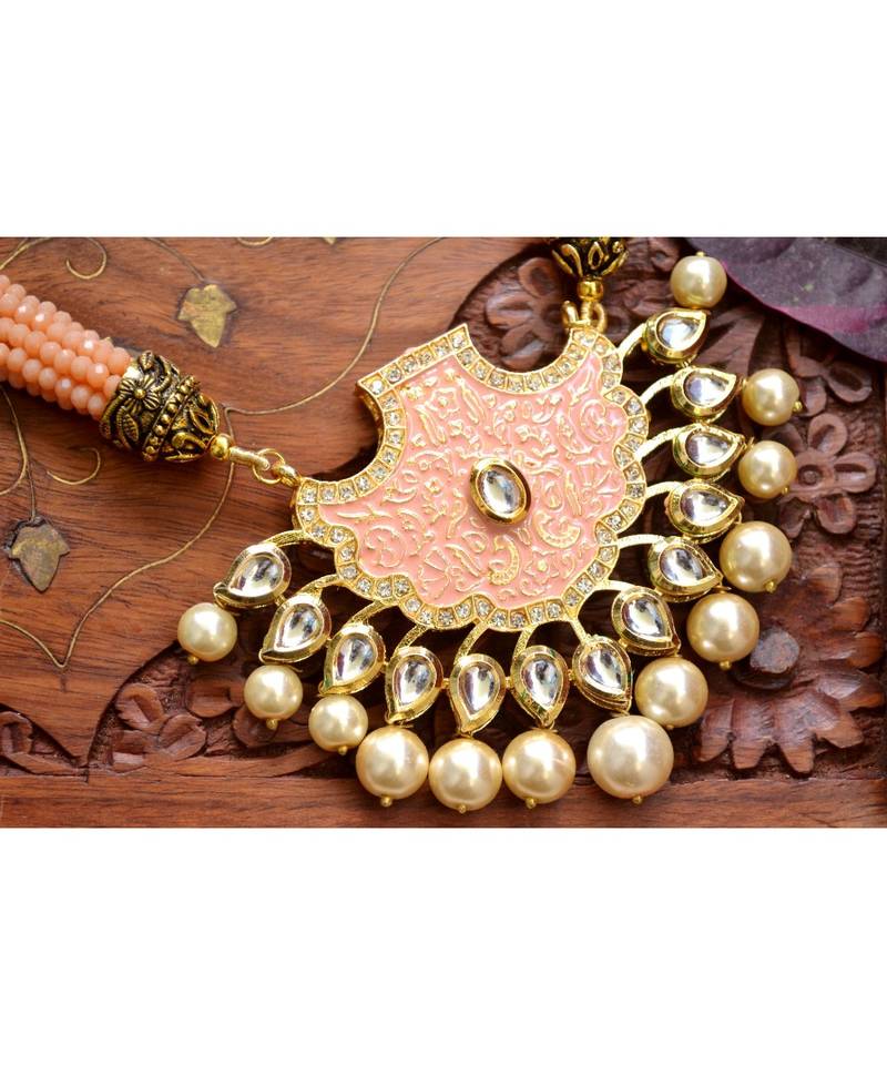 Designer Floral Peacock Meenakari Kundan Studed Onyx Stone Multilayer Necklace Set with Earrings