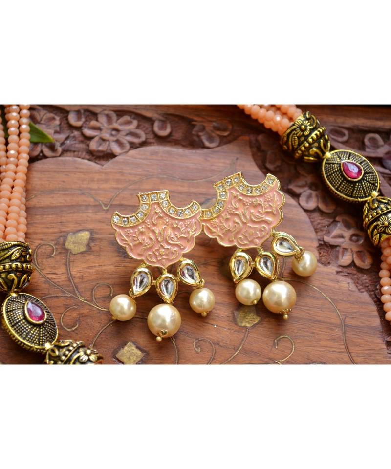 Designer Floral Peacock Meenakari Kundan Studed Onyx Stone Multilayer Necklace Set with Earrings