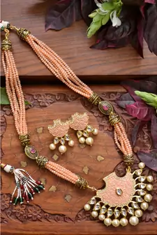 Designer Floral Peacock Meenakari Kundan Studed Onyx Stone Multilayer Necklace Set with Earrings