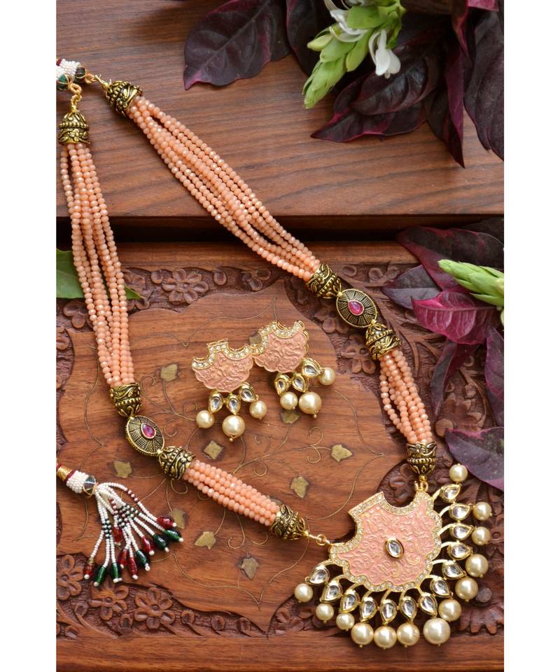 Designer Floral Peacock Meenakari Kundan Studed Onyx Stone Multilayer Necklace Set with Earrings