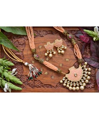 Designer Floral Peacock Meenakari Kundan Studed Onyx Stone Multilayer Necklace Set with Earrings 1