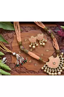 Designer Floral Peacock Meenakari Kundan Studed Onyx Stone Multilayer Necklace Set with Earrings