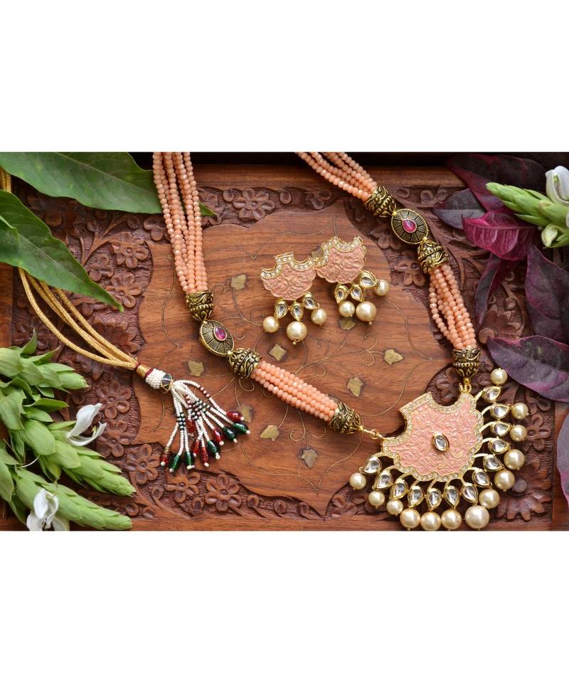 Designer Floral Peacock Meenakari Kundan Studed Onyx Stone Multilayer Necklace Set with Earrings