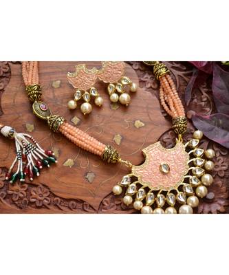 Designer Floral Peacock Meenakari Kundan Studed Onyx Stone Multilayer Necklace Set with Earrings 3