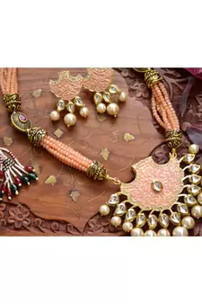 Designer Floral Peacock Meenakari Kundan Studed Onyx Stone Multilayer Necklace Set with Earrings