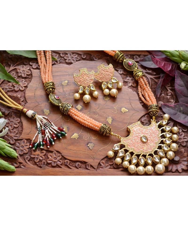 Designer Floral Peacock Meenakari Kundan Studed Onyx Stone Multilayer Necklace Set with Earrings