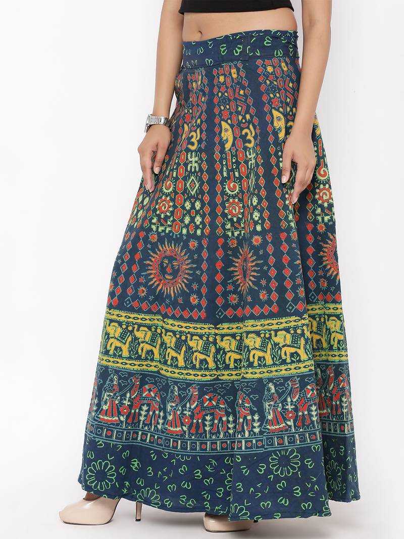 Green Cotton Printed Wrap Around Skirt