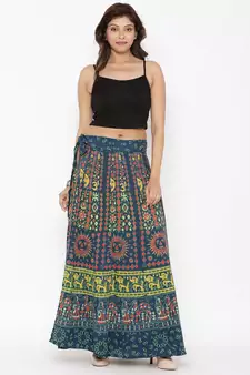 Green Cotton Printed Wrap Around Skirt