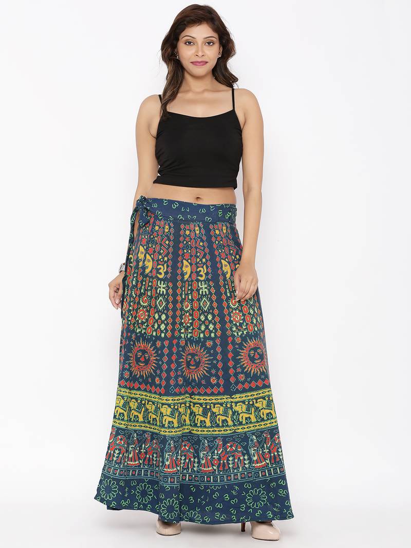 Green Cotton Printed Wrap Around Skirt