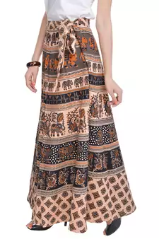 Beige Cotton Printed Wrap Around Skirt