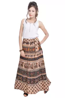 Beige Cotton Printed Wrap Around Skirt