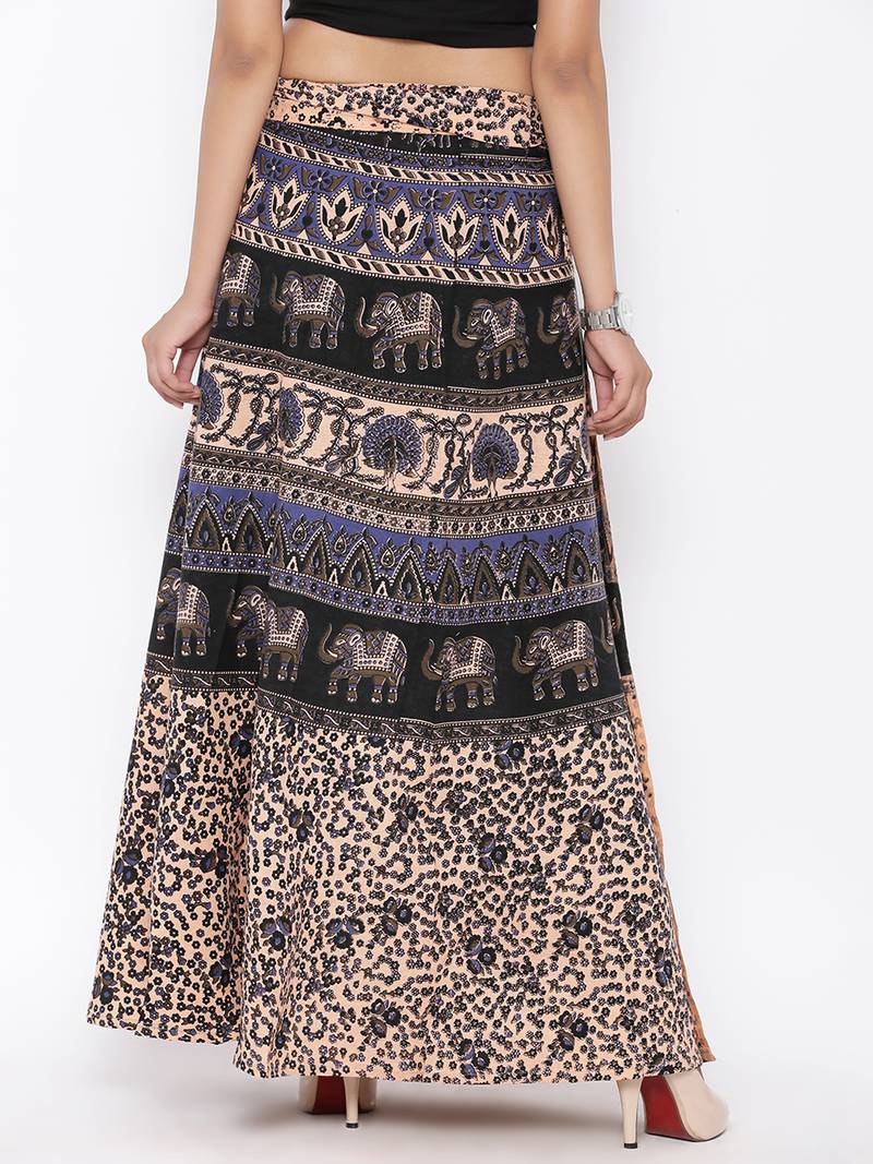 Beige Cotton Printed Wrap Around Skirt