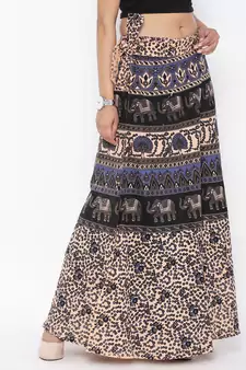 Beige Cotton Printed Wrap Around Skirt