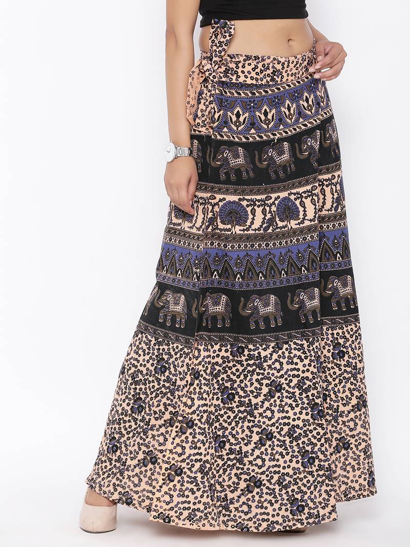 Beige Cotton Printed Wrap Around Skirt