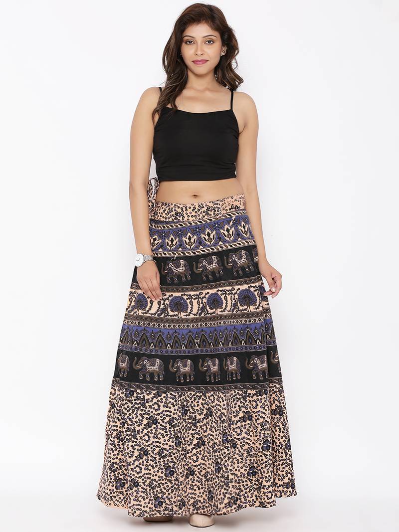 Beige Cotton Printed Wrap Around Skirt