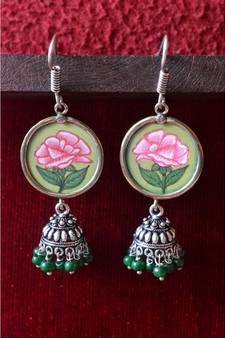 Handpainted Designer silver disc earrings with jhumka in bottom