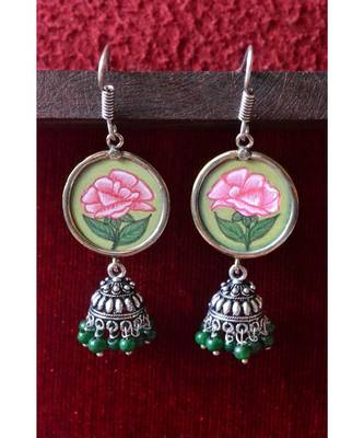 Handpainted Designer silver disc earrings with jhumka in bottom 1