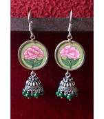 Handpainted Designer silver disc earrings with jhumka in bottom