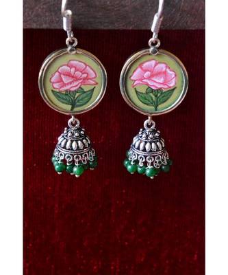 Handpainted Designer silver disc earrings with jhumka in bottom 2