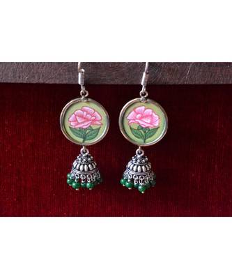 Handpainted Designer silver disc earrings with jhumka in bottom 3