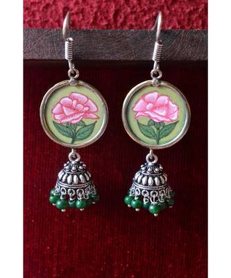 Handpainted Designer silver disc earrings with jhumka in bottom 4