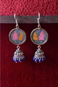 Handpainted Designer silver disc earrings with jhumka in bottom
