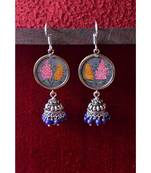 Handpainted Designer silver disc earrings with jhumka in bottom