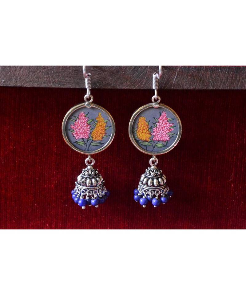 Handpainted Designer silver disc earrings with jhumka in bottom