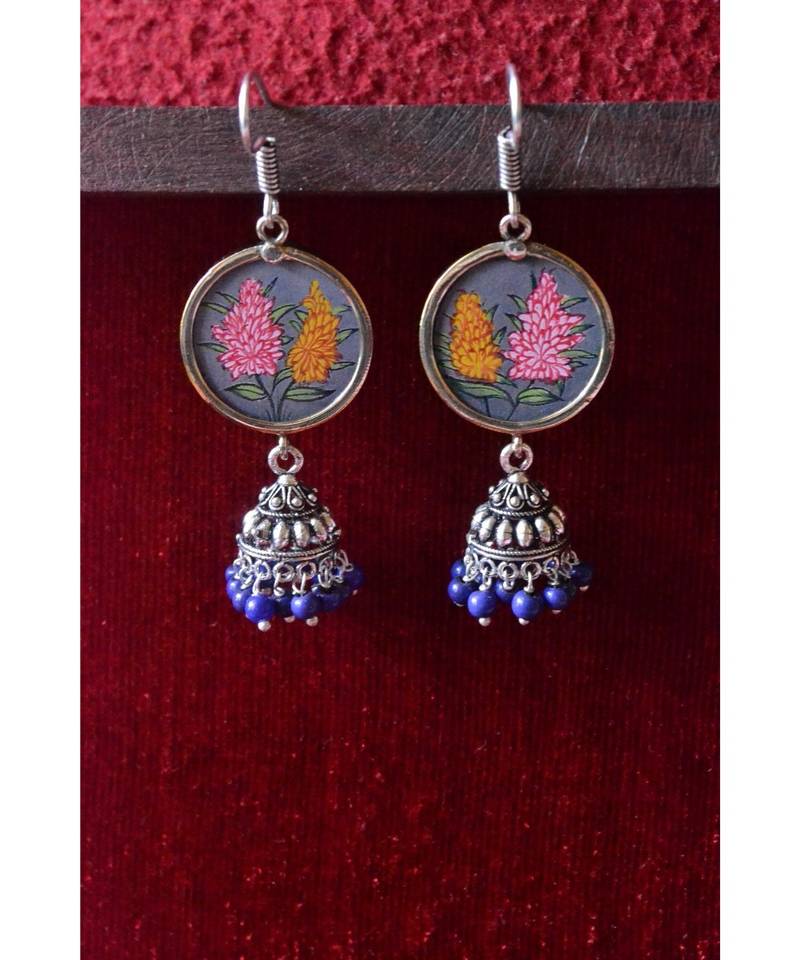 Handpainted Designer silver disc earrings with jhumka in bottom