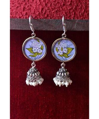 Handpainted Designer silver disc earrings with jhumka in bottom 1