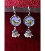 Handpainted Designer silver disc earrings with jhumka in bottom