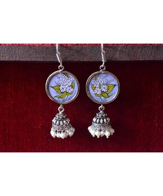 Handpainted Designer silver disc earrings with jhumka in bottom 2