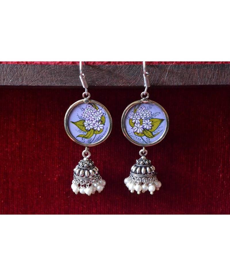 Handpainted Designer silver disc earrings with jhumka in bottom
