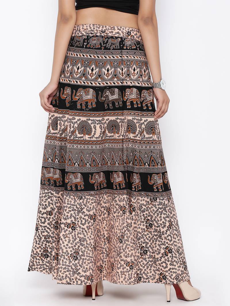 Beige Cotton Printed Wrap Around Skirt